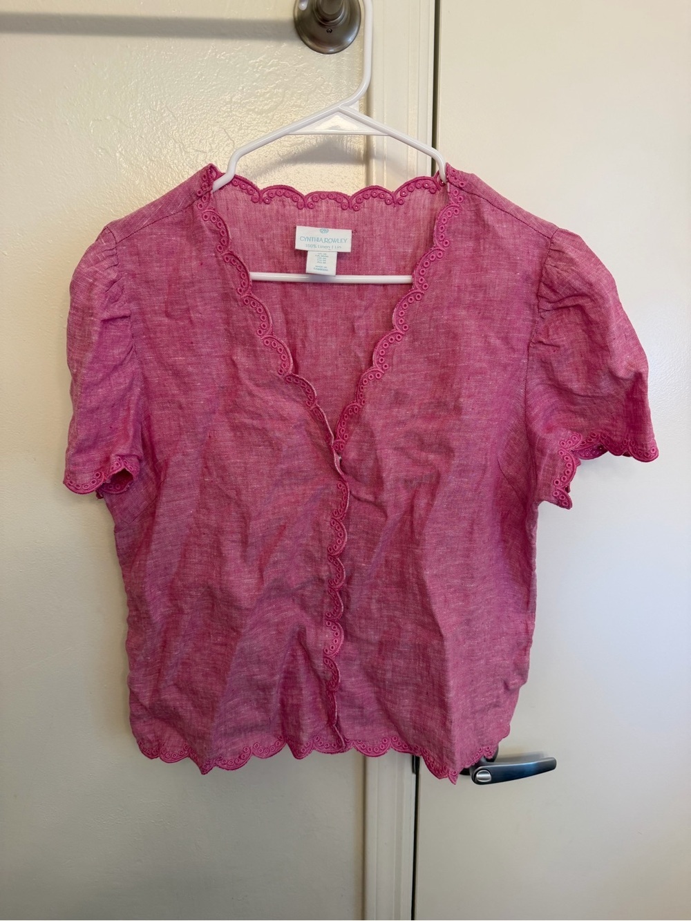 Cynthia Rowley Pink Eyelet-Trim Short Sleeve Blouse 100% Linen Medium